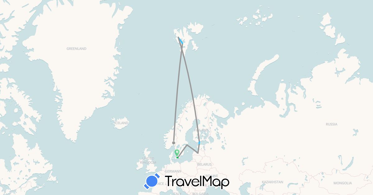 TravelMap itinerary: driving, bus, plane, boat in Denmark, Estonia, Finland, Latvia, Norway, Sweden, Svalbard and Jan Mayen (Europe)